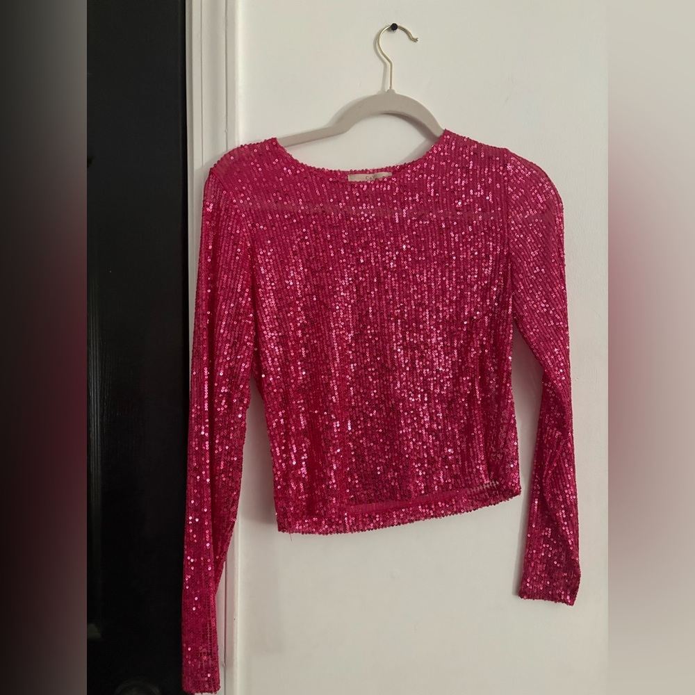 Sequin Long-Sleeve Crop Top - Hot Pink